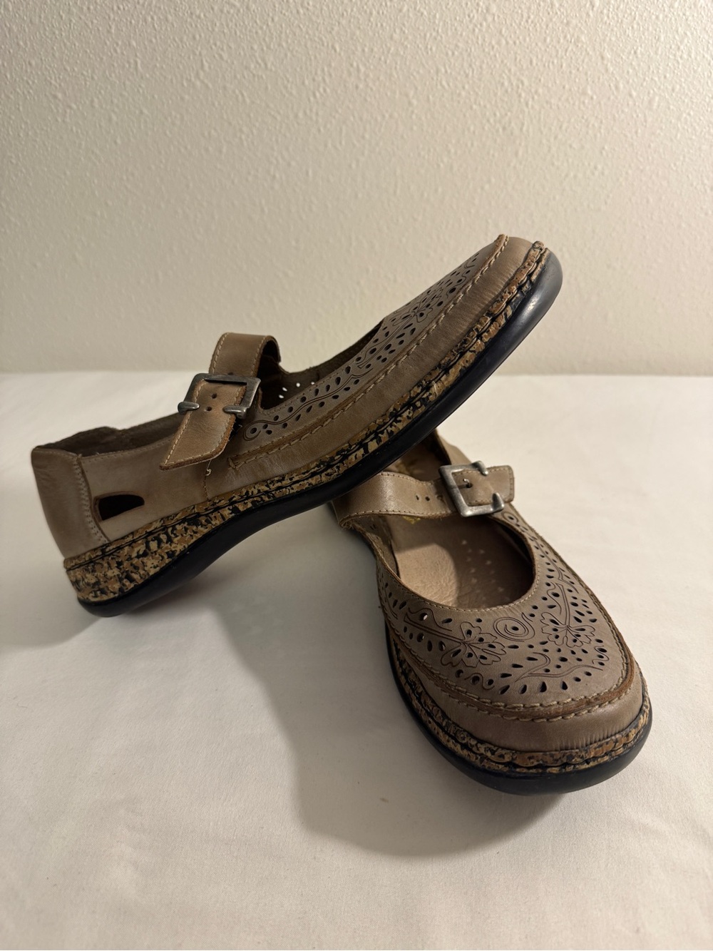 Rieker Taupe Laser- cut Mary Jane Flats with Buckle 8 or 39